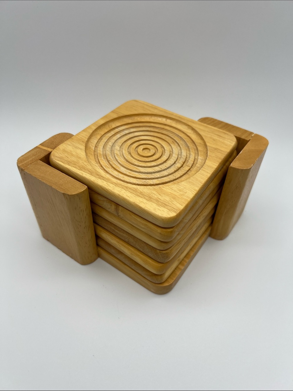 Vintage Wooden Square Coaster Set with Holder - Light Natural Wood